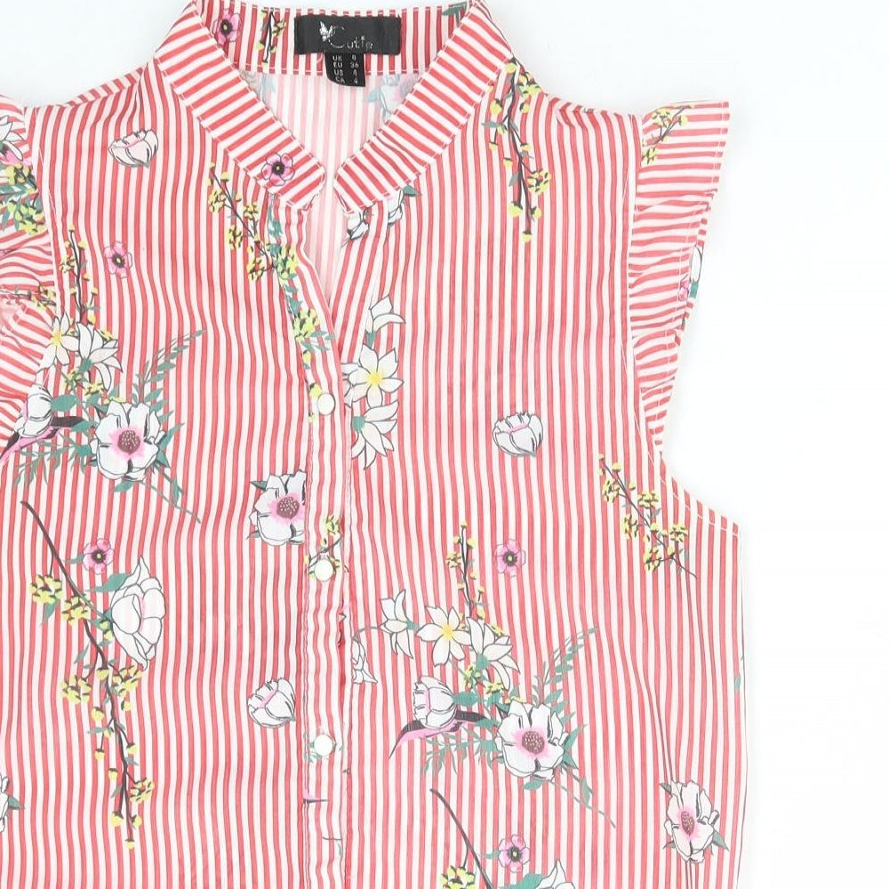 Cutie Womens Red Striped Polyester Basic Blouse Size 8 Collared