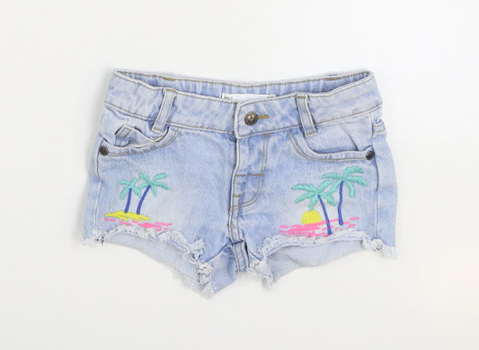 Marks and Spencer Girls Blue 100% Cotton Hot Pants Shorts Size 2-3 Years Regular Zip - palm trees
