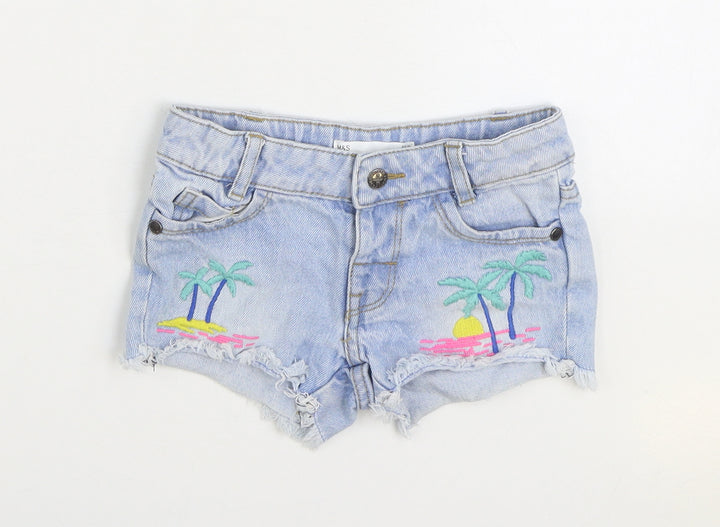 Marks and Spencer Girls Blue 100% Cotton Hot Pants Shorts Size 2-3 Years Regular Zip - palm trees