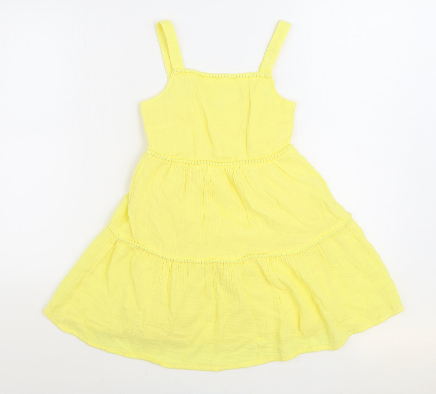 F&F Girls Yellow Cotton Skater Dress Size 10-11 Years Square Neck Pullover - Shirred