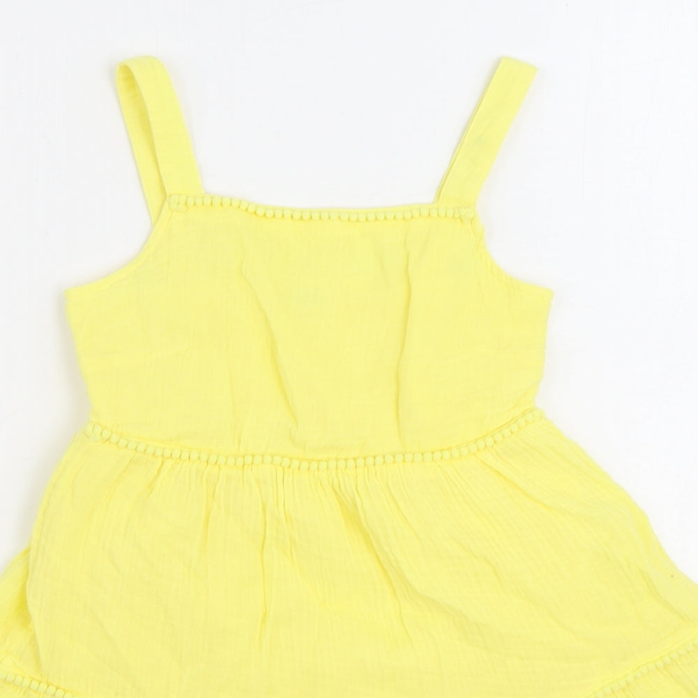 F&F Girls Yellow Cotton Skater Dress Size 10-11 Years Square Neck Pullover - Shirred