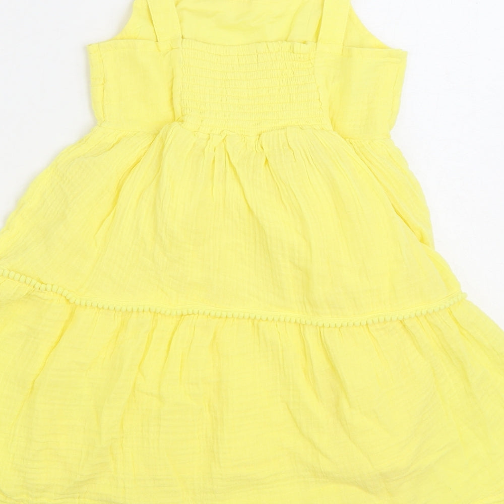 F&F Girls Yellow Cotton Skater Dress Size 10-11 Years Square Neck Pullover - Shirred