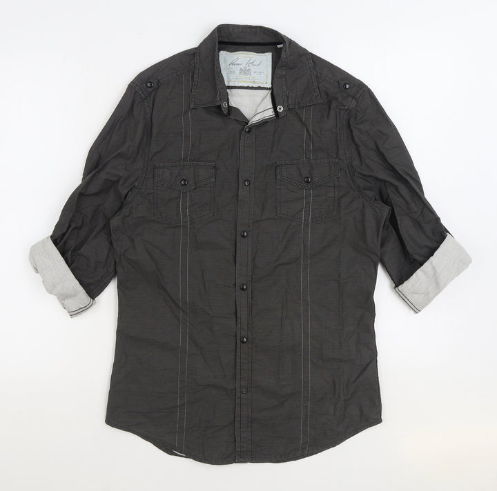 River Island Mens Grey Cotton Button-Up Size S Collared Snap