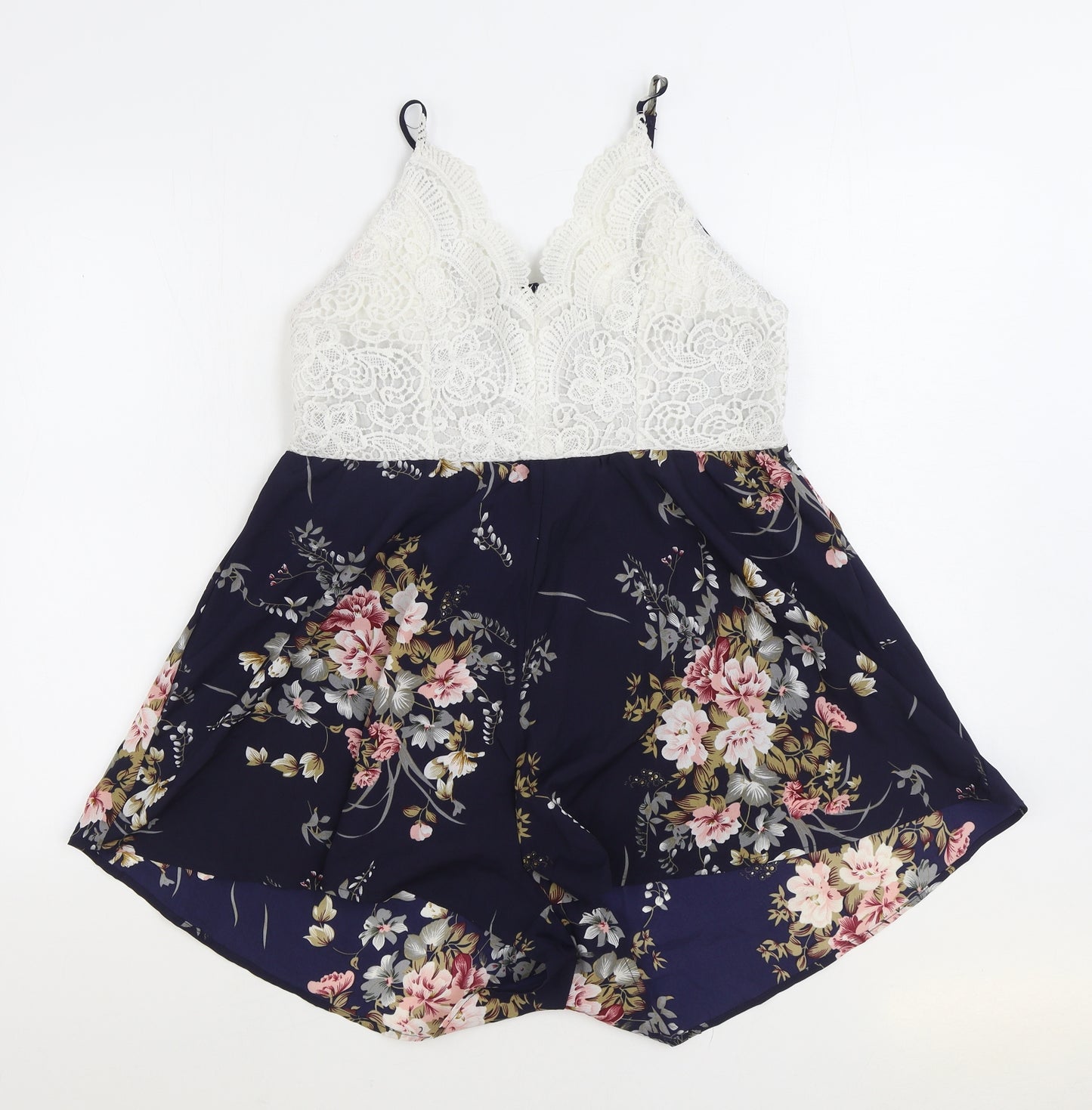 SheIn Womens Blue Floral Polyester Playsuit One-Piece Size M Tie