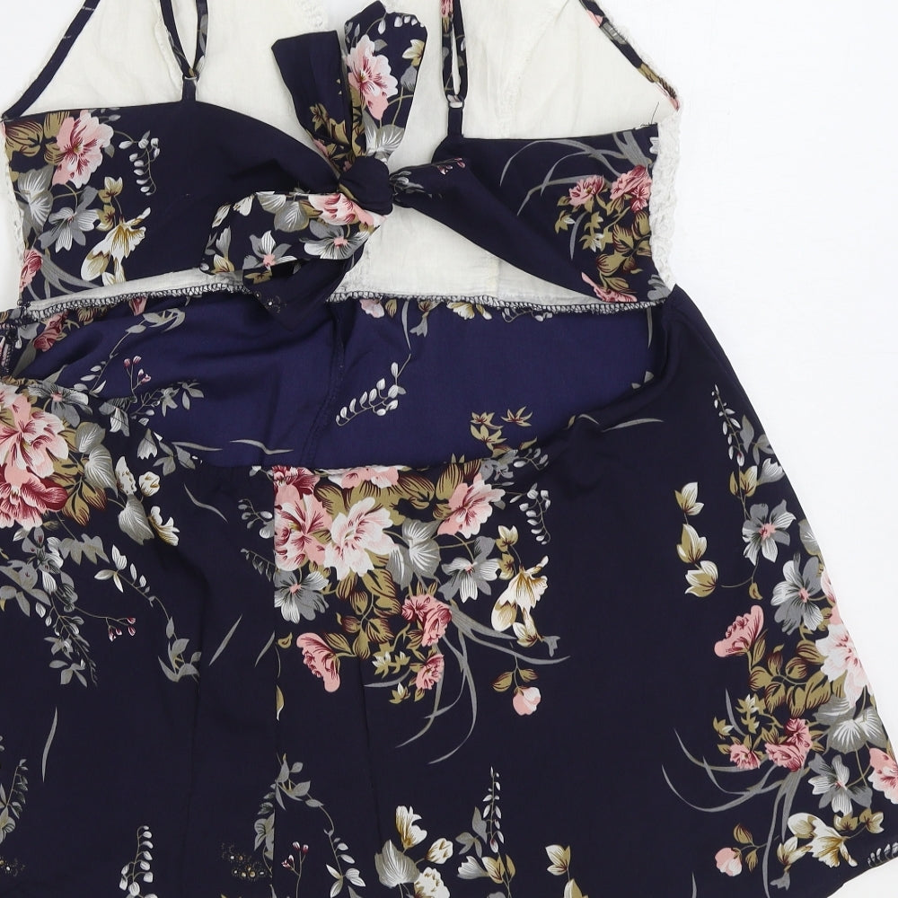 SheIn Womens Blue Floral Polyester Playsuit One-Piece Size M Tie