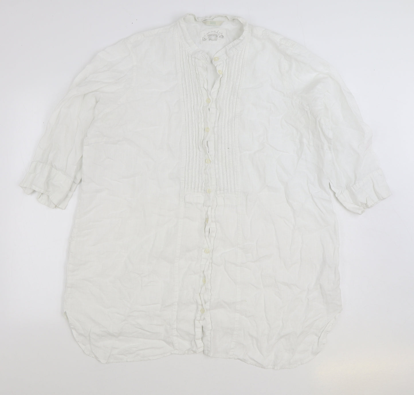 Marks and Spencer Womens White Linen Basic Button-Up Size 22 Round Neck