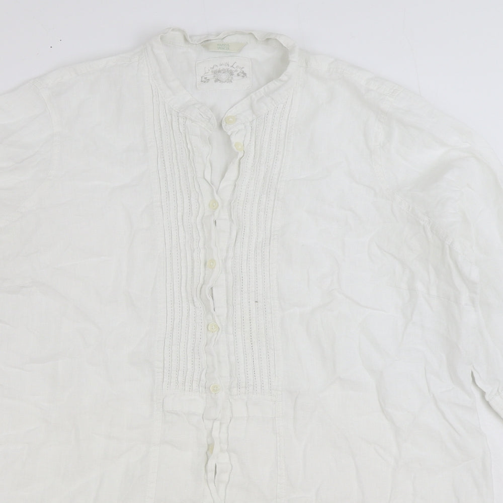 Marks and Spencer Womens White Linen Basic Button-Up Size 22 Round Neck