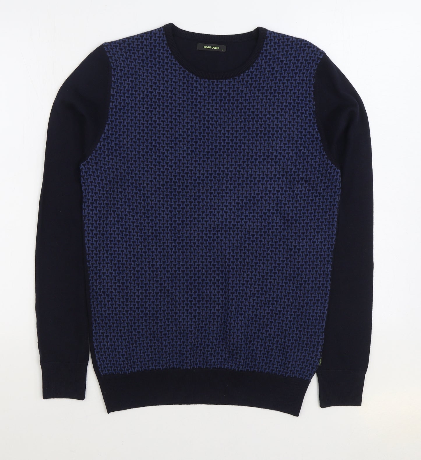 Remus Oumo Mens Blue Round Neck Geometric Acrylic Pullover Jumper Size M