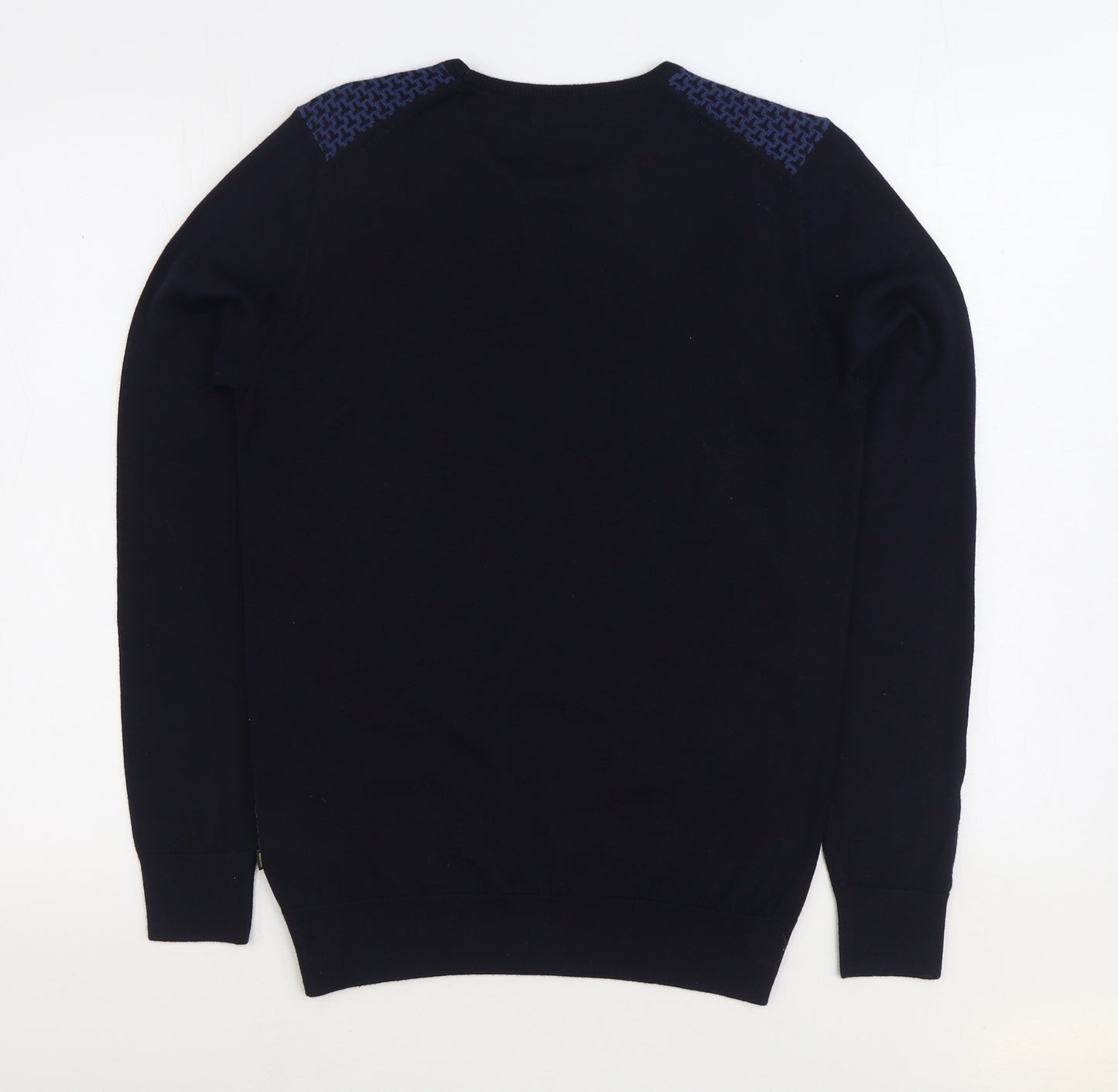 Remus Oumo Mens Blue Round Neck Geometric Acrylic Pullover Jumper Size M