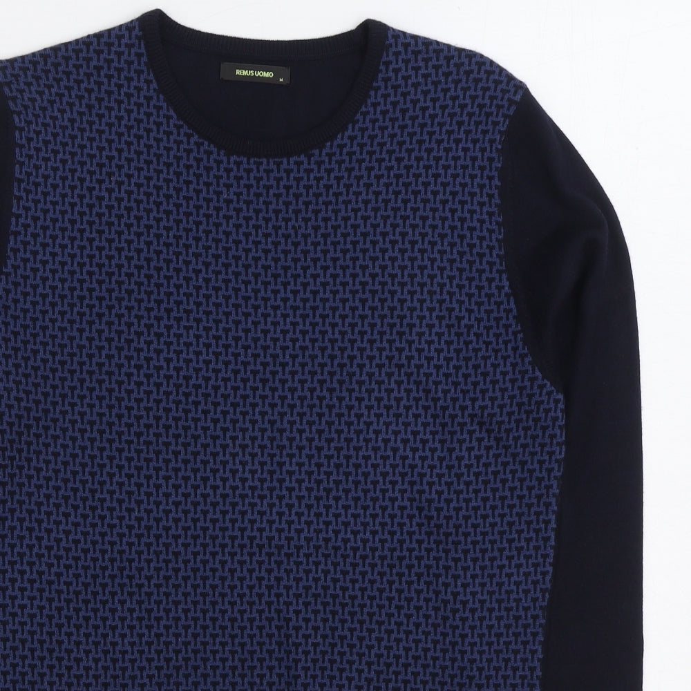 Remus Oumo Mens Blue Round Neck Geometric Acrylic Pullover Jumper Size M