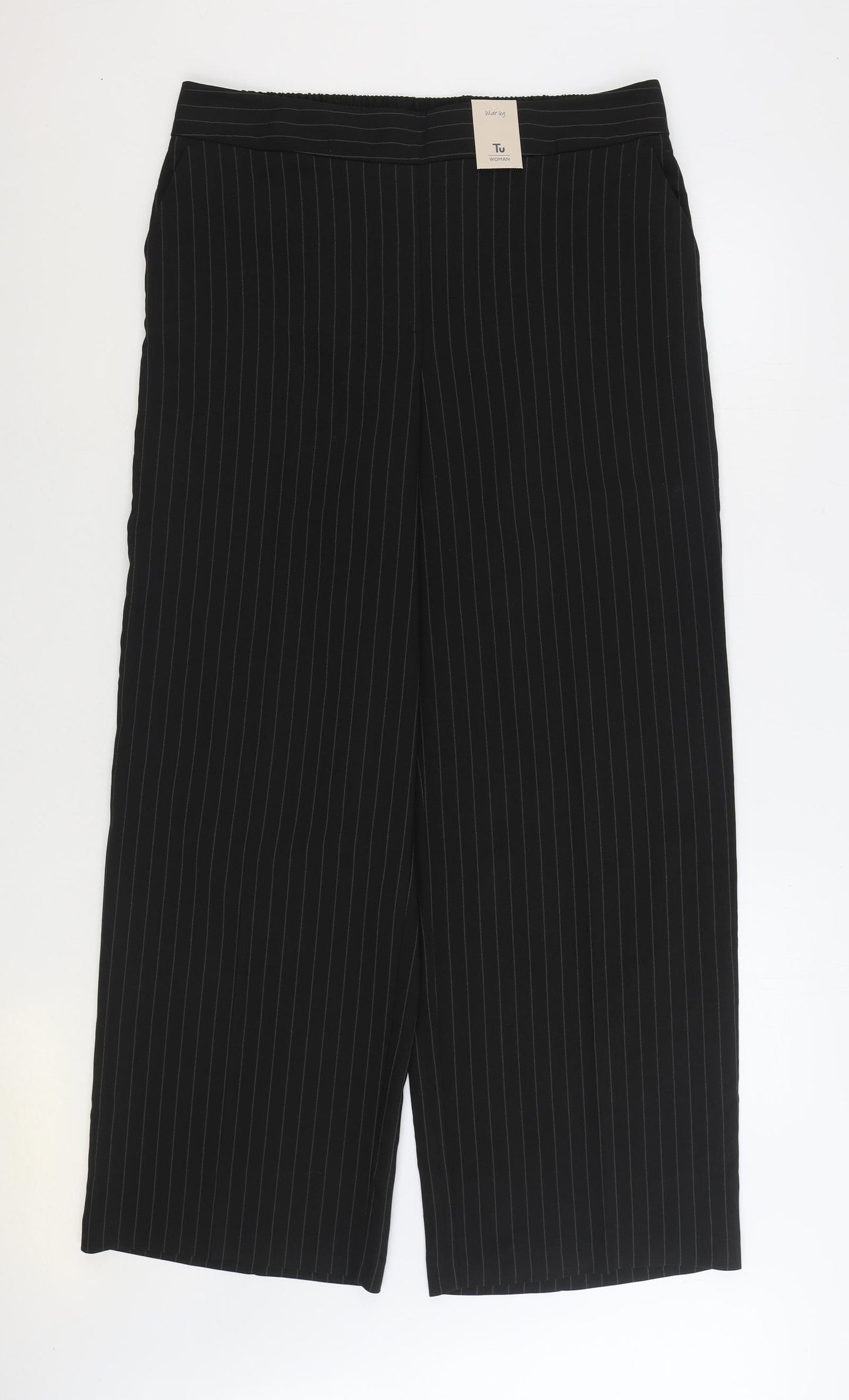 TU Womens Black Striped Polyester Trousers Size 16 L31 in Regular