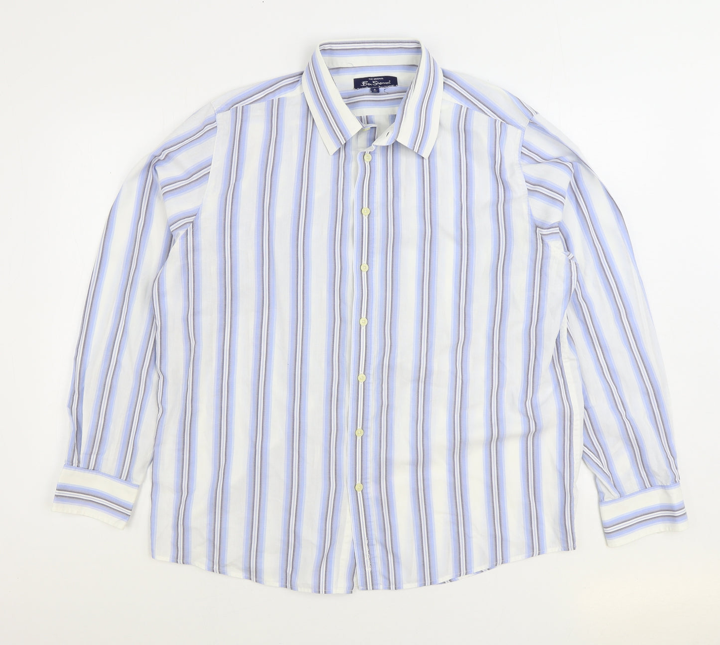 Ben Sherman Mens Blue Striped Cotton Button-Up Size XL Collared Button