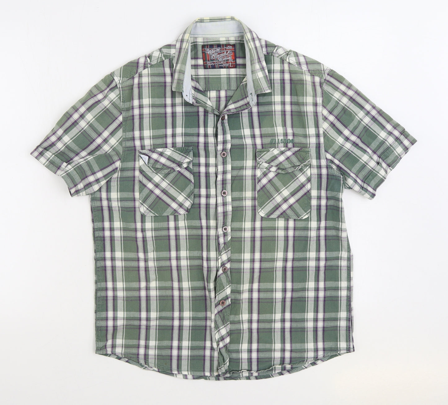 Bench Mens Green Plaid Cotton Button-Up Size L Collared Button