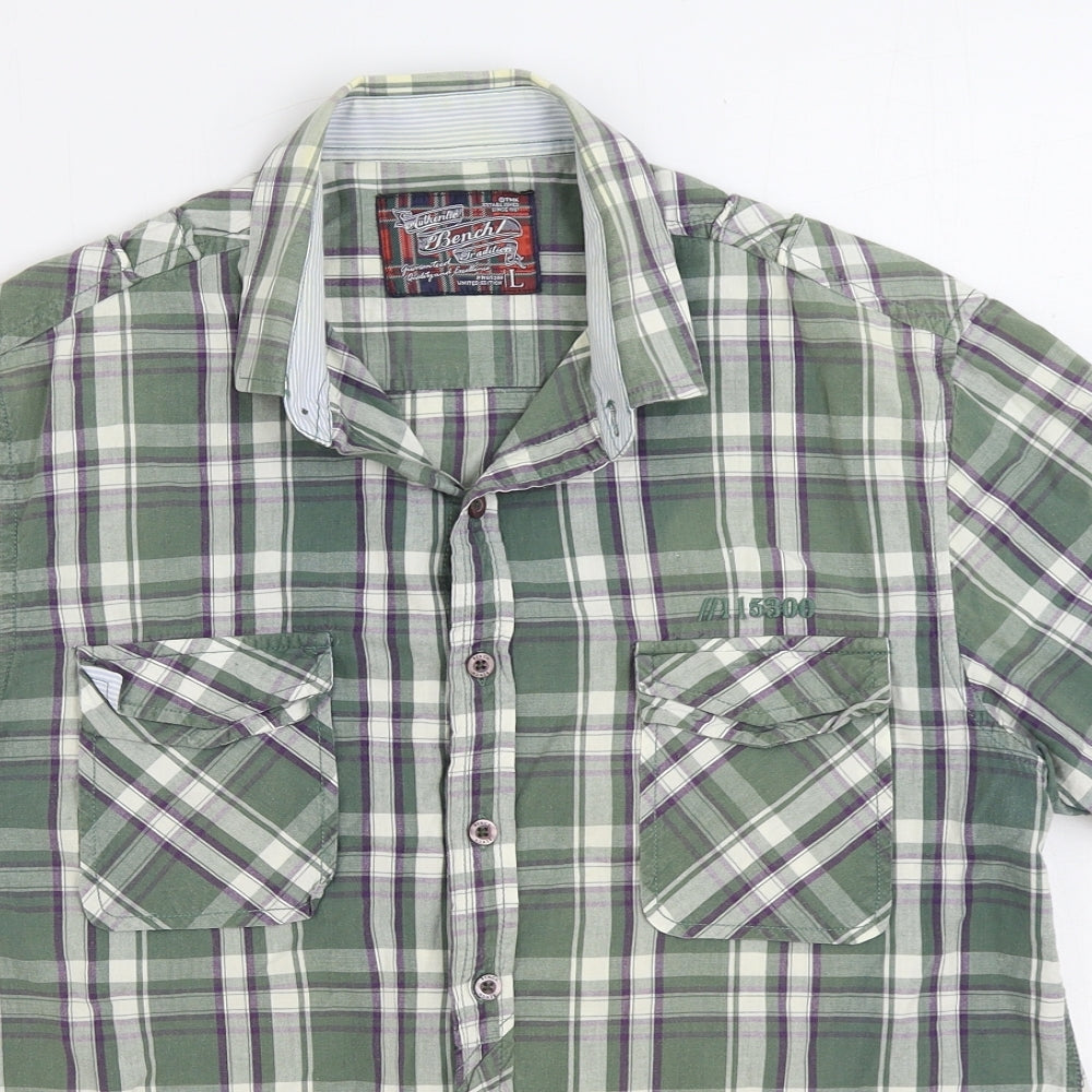 Bench Mens Green Plaid Cotton Button-Up Size L Collared Button
