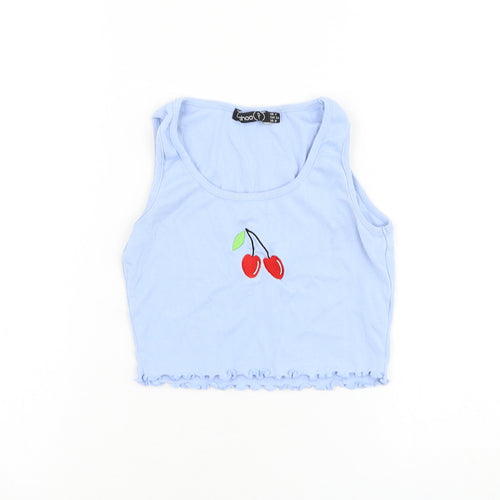 Boohoo Womens Blue Cotton Cropped Tank Size 4 Round Neck - Cherry Lettuce Hem