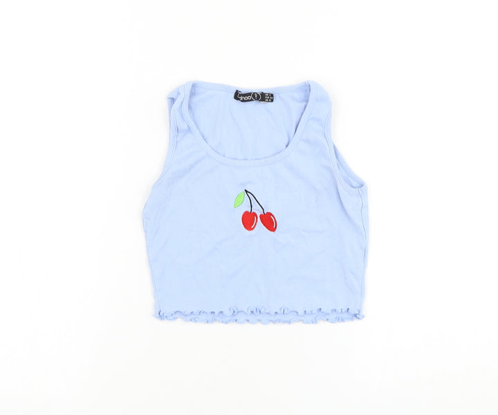 Boohoo Womens Blue Cotton Cropped Tank Size 4 Round Neck - Cherry Lettuce Hem