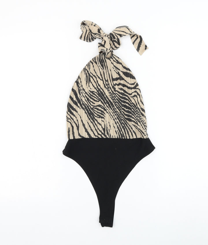 Boohoo Womens Beige Animal Print Polyester Bodysuit One-Piece Size 6 Snap