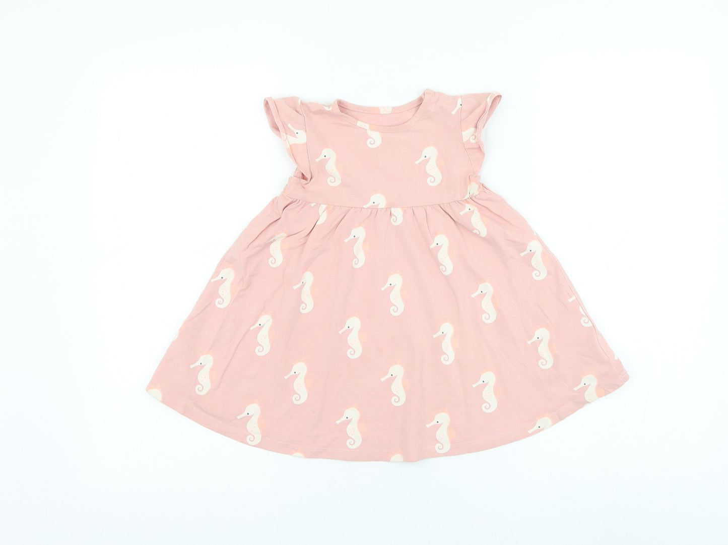 Marks and Spencer Girls Pink Geometric Cotton Skater Dress Size 12-18 Months Round Neck Pullover - Seahorse