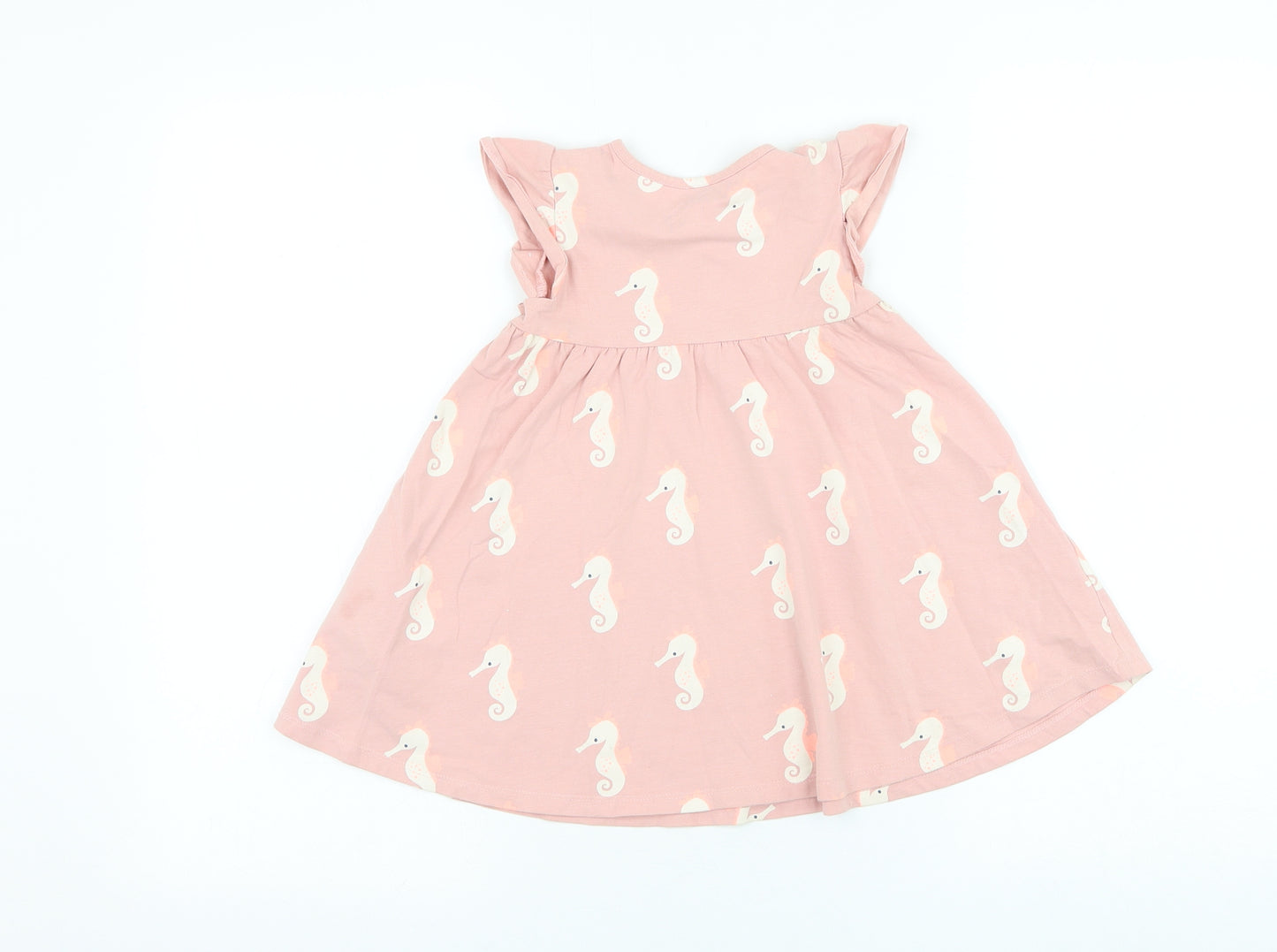 Marks and Spencer Girls Pink Geometric Cotton Skater Dress Size 12-18 Months Round Neck Pullover - Seahorse