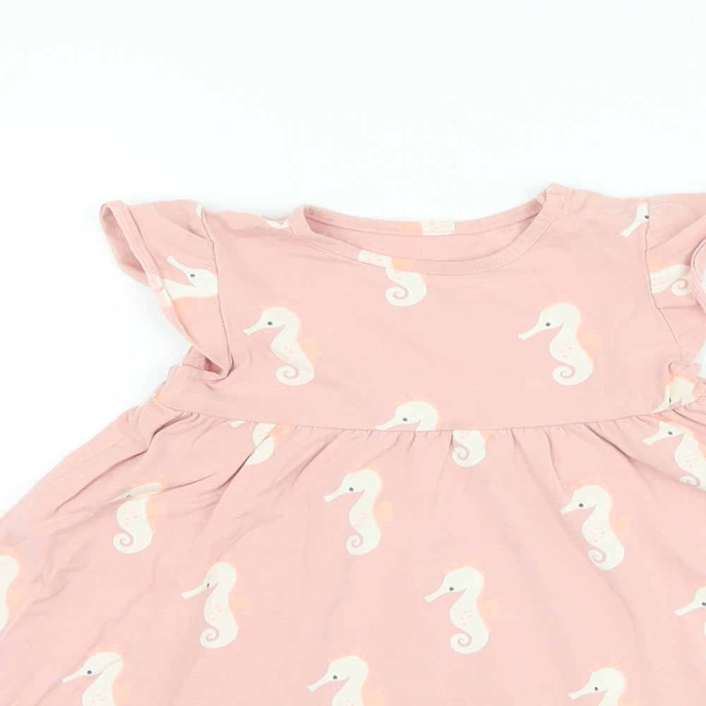 Marks and Spencer Girls Pink Geometric Cotton Skater Dress Size 12-18 Months Round Neck Pullover - Seahorse