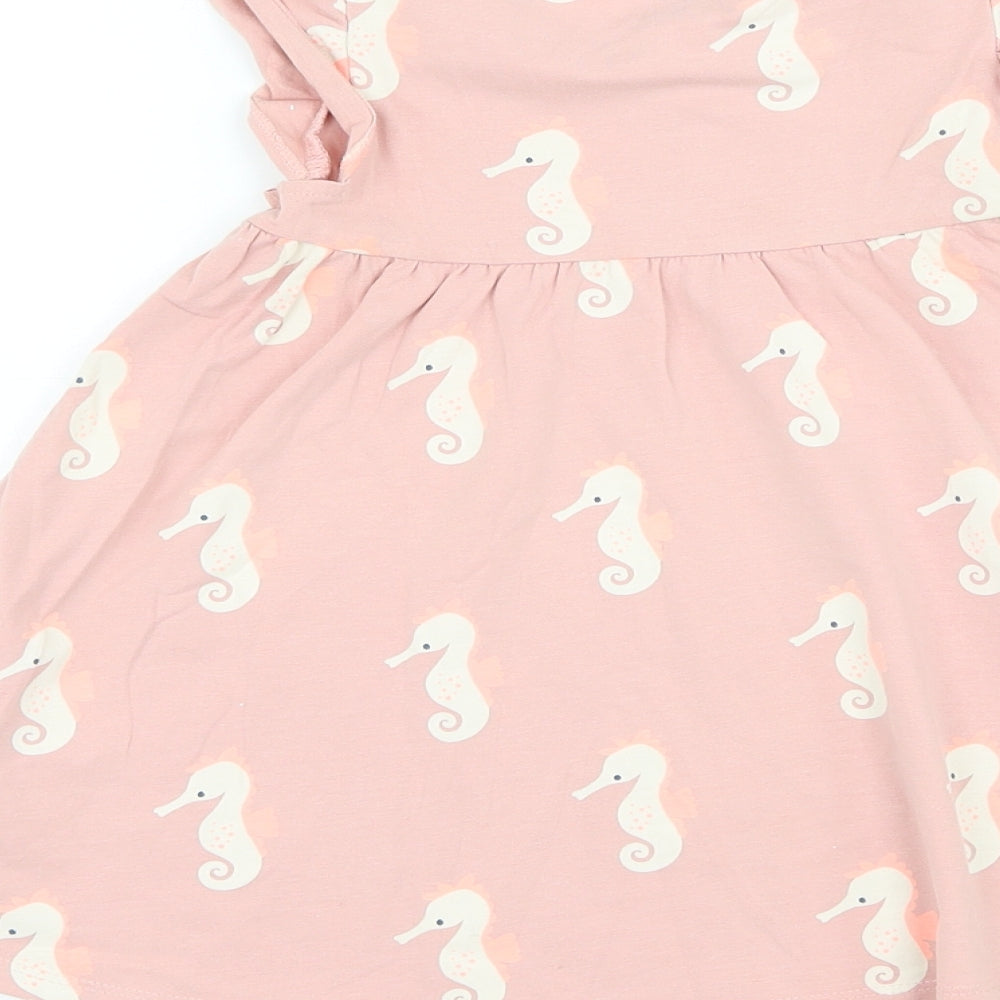 Marks and Spencer Girls Pink Geometric Cotton Skater Dress Size 12-18 Months Round Neck Pullover - Seahorse