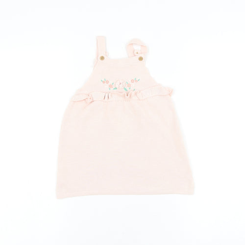 F&F Girls Pink Cotton Pinafore/Dungaree Dress Size 12-18 Months Square Neck Button - Flower
