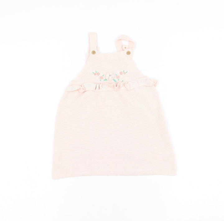 F&F Girls Pink Cotton Pinafore/Dungaree Dress Size 12-18 Months Square Neck Button - Flower