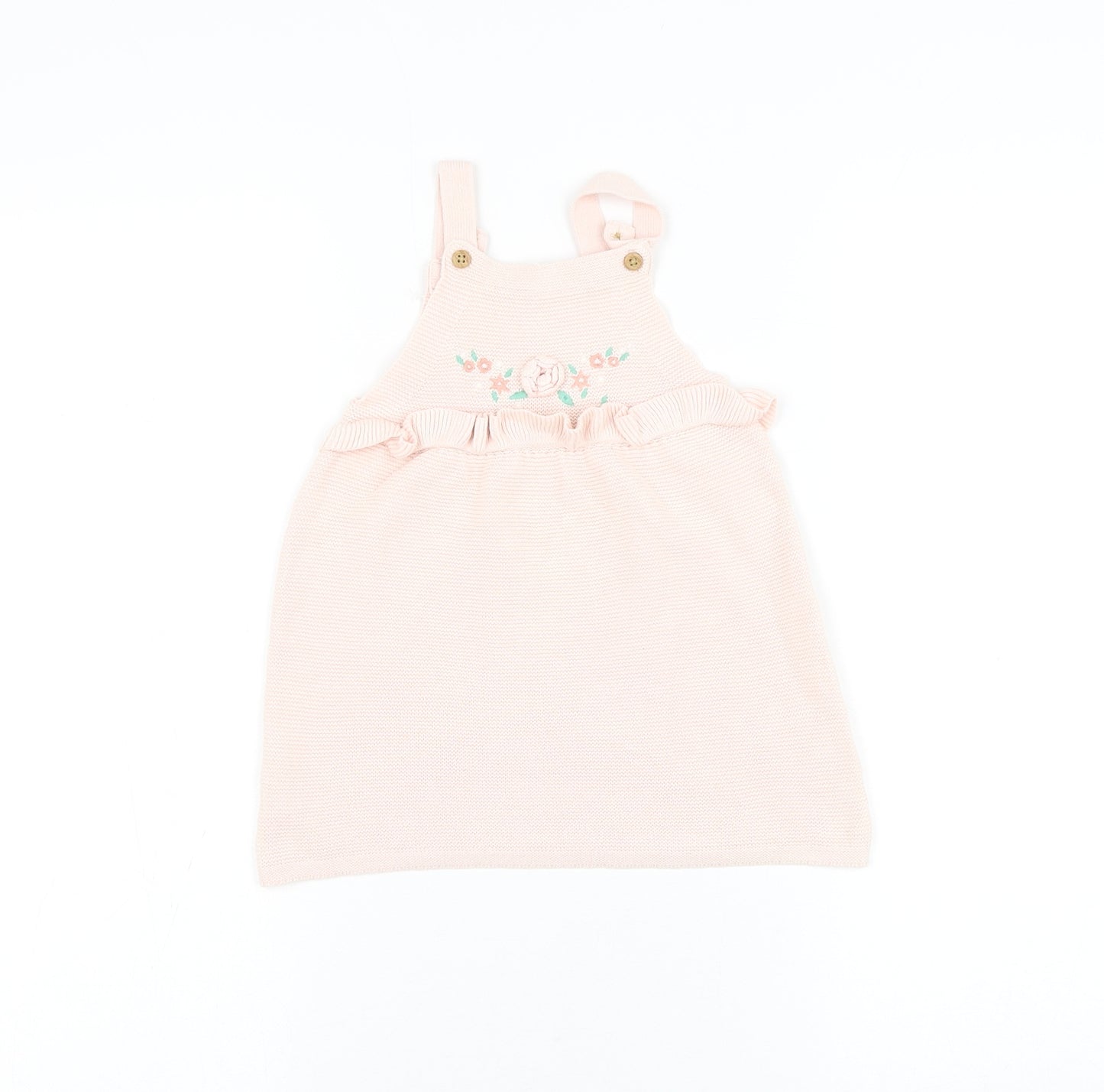F&F Girls Pink Cotton Pinafore/Dungaree Dress Size 12-18 Months Square Neck Button - Flower