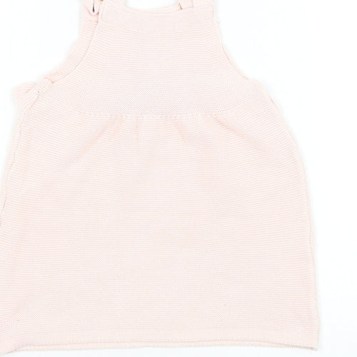 F&F Girls Pink Cotton Pinafore/Dungaree Dress Size 12-18 Months Square Neck Button - Flower