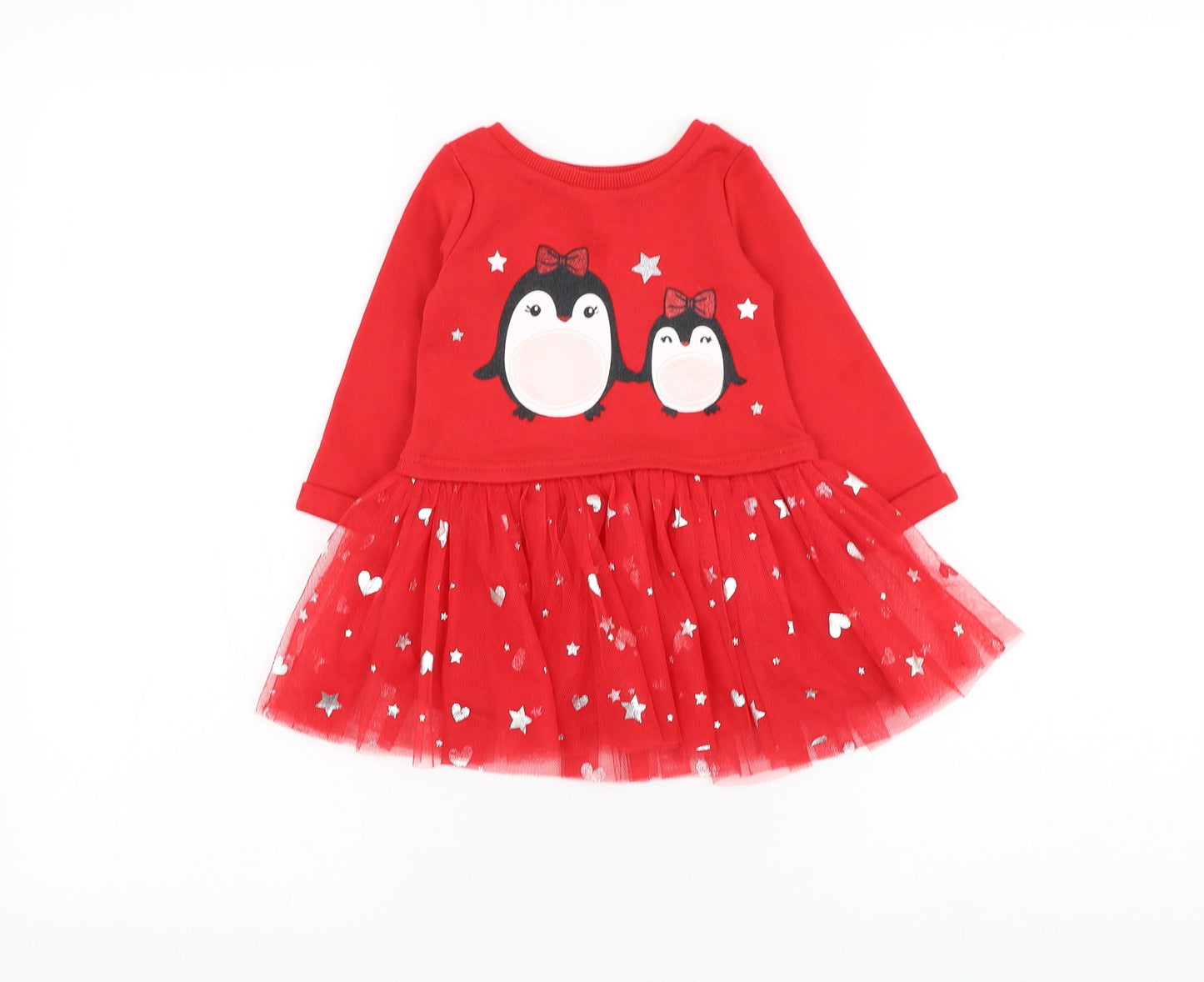 Dunnes Stores Girls Red Polyester Tutu Dress Size 9-12 Months Round Neck Pullover - Penguin Christmas
