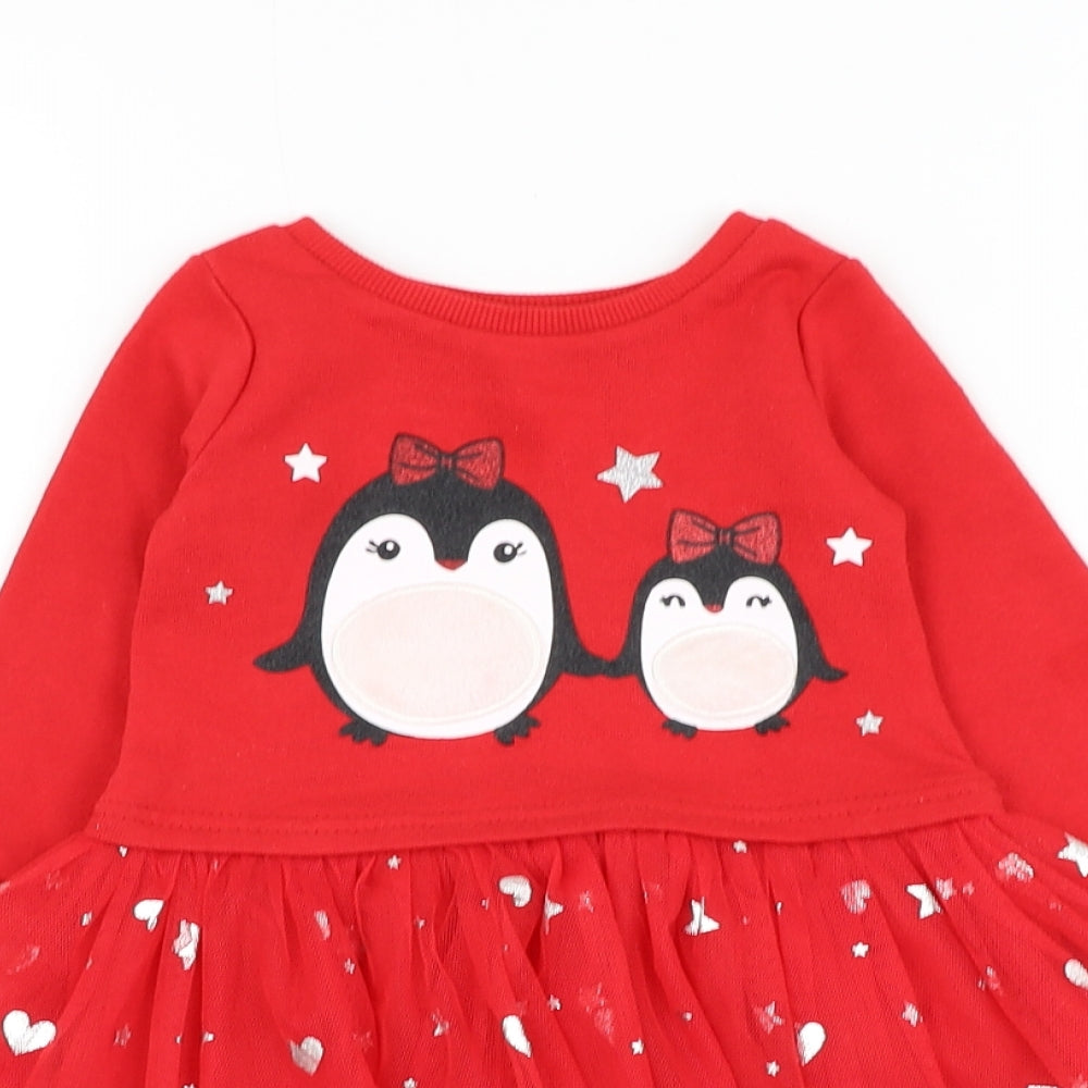 Dunnes Stores Girls Red Polyester Tutu Dress Size 9-12 Months Round Neck Pullover - Penguin Christmas
