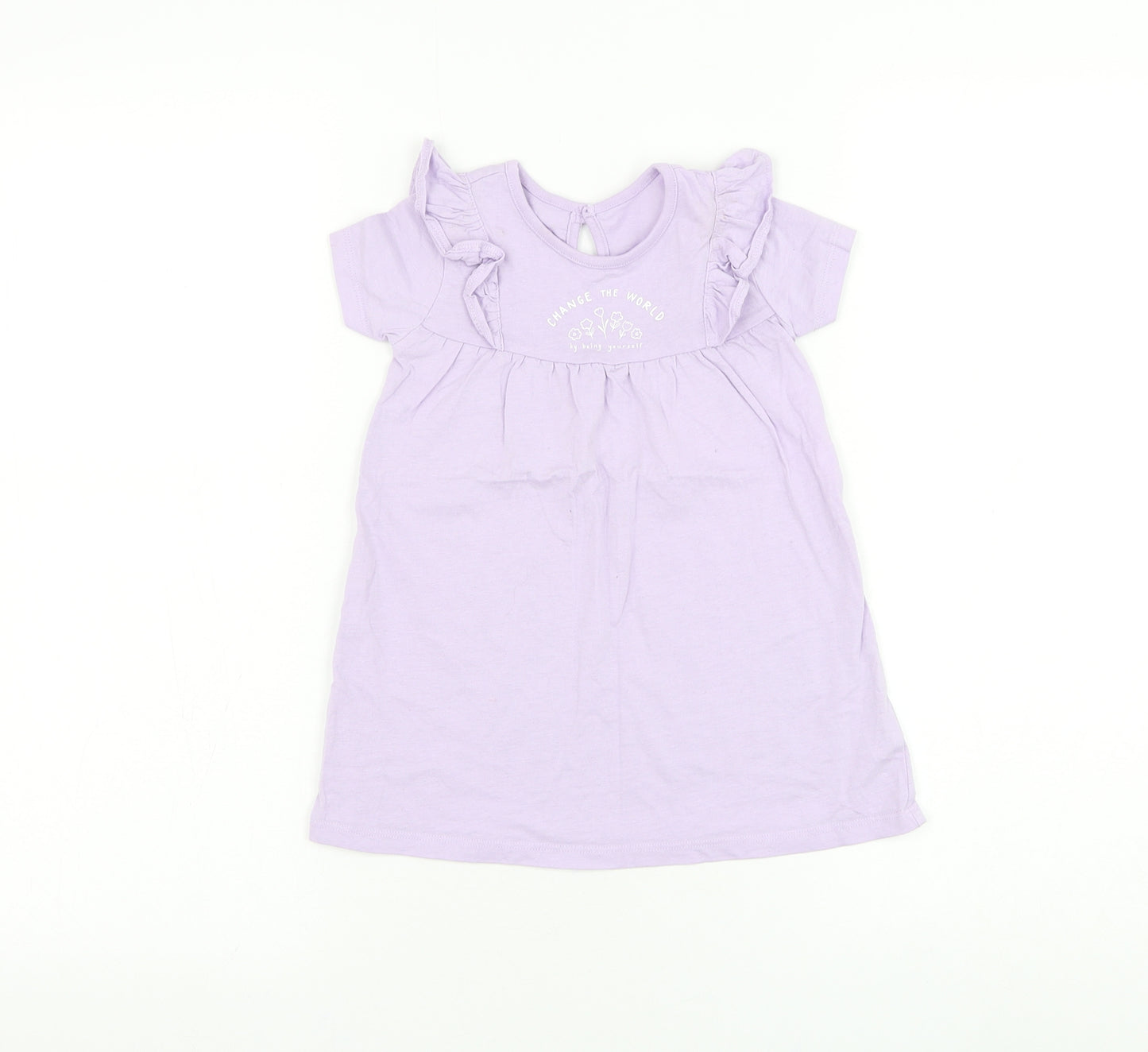 George Girls Purple Cotton T-Shirt Dress Size 12-18 Months Round Neck Button - Change The World
