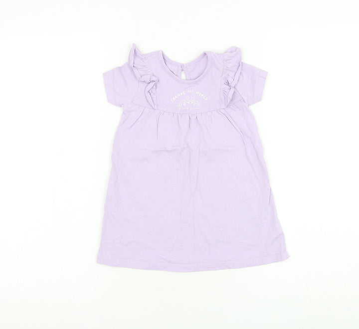 George Girls Purple Cotton T-Shirt Dress Size 12-18 Months Round Neck Button - Change The World