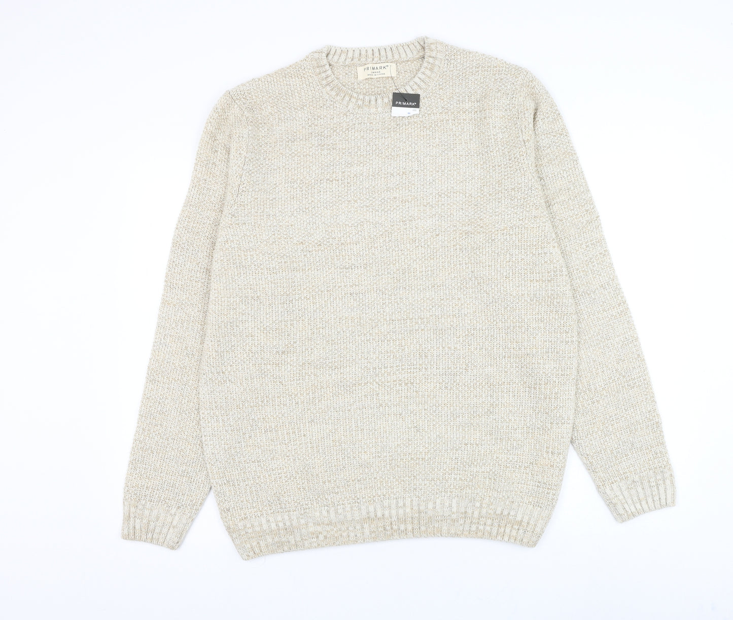 Primark Mens Beige Round Neck Acrylic Pullover Jumper Size L