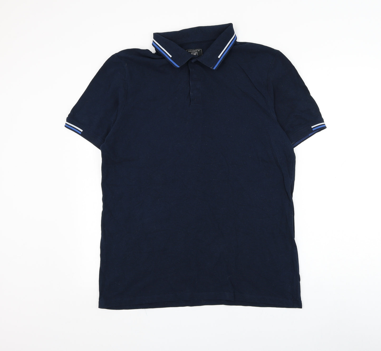 F&F Mens Blue Cotton Polo Size L Collared Button