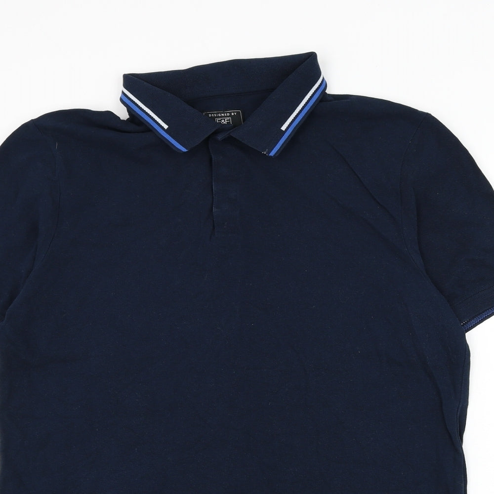 F&F Mens Blue Cotton Polo Size L Collared Button