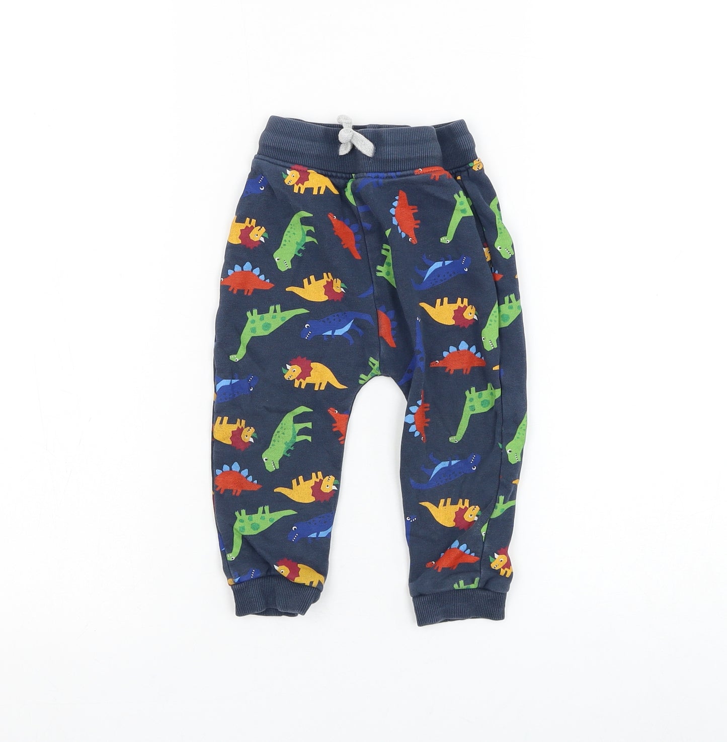 Dunnes Stores Boys Blue Geometric Cotton Jogger Trousers Size 12-18 Months Drawstring - Dinosaur
