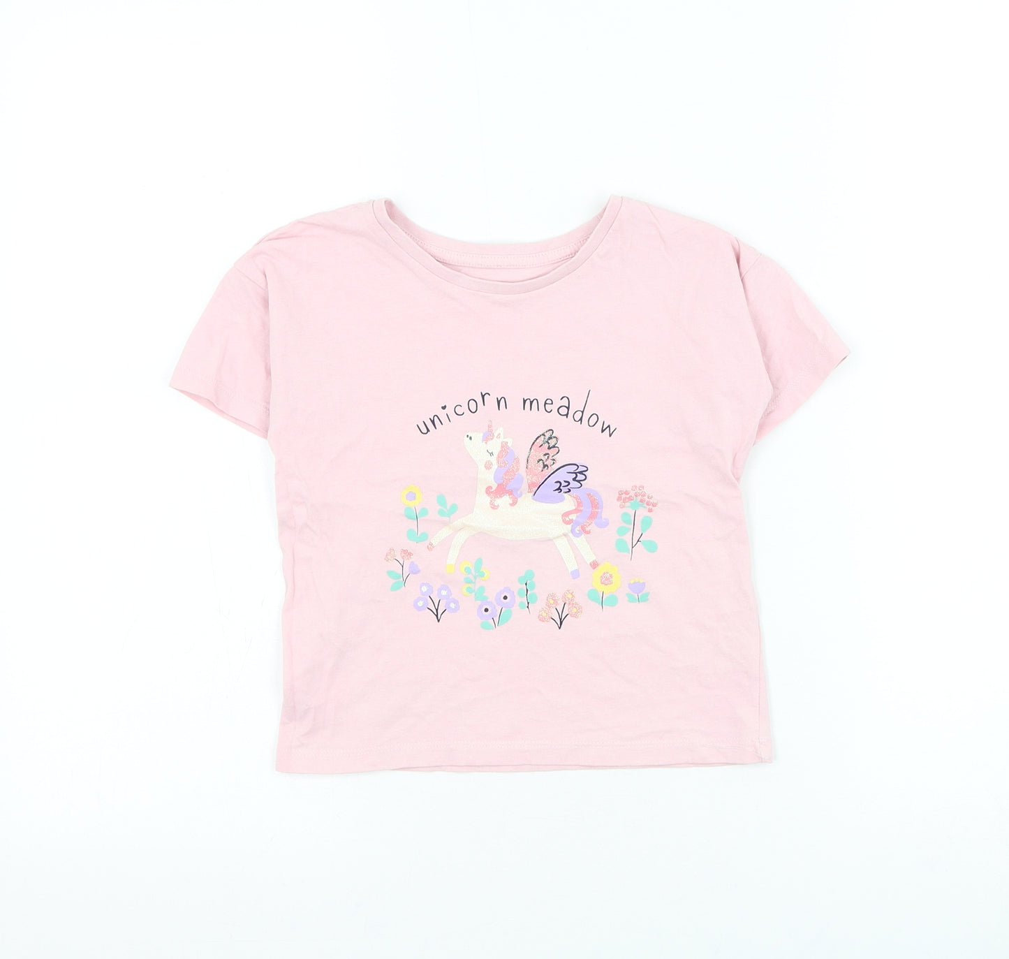 Matalan Girls Pink Cotton Basic T-Shirt Size 4-5 Years Round Neck Pullover - Unicorn Meddow