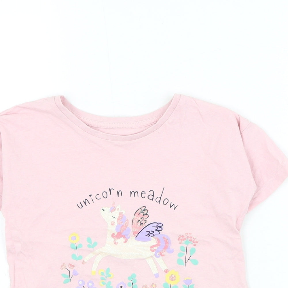 Matalan Girls Pink Cotton Basic T-Shirt Size 4-5 Years Round Neck Pullover - Unicorn Meddow