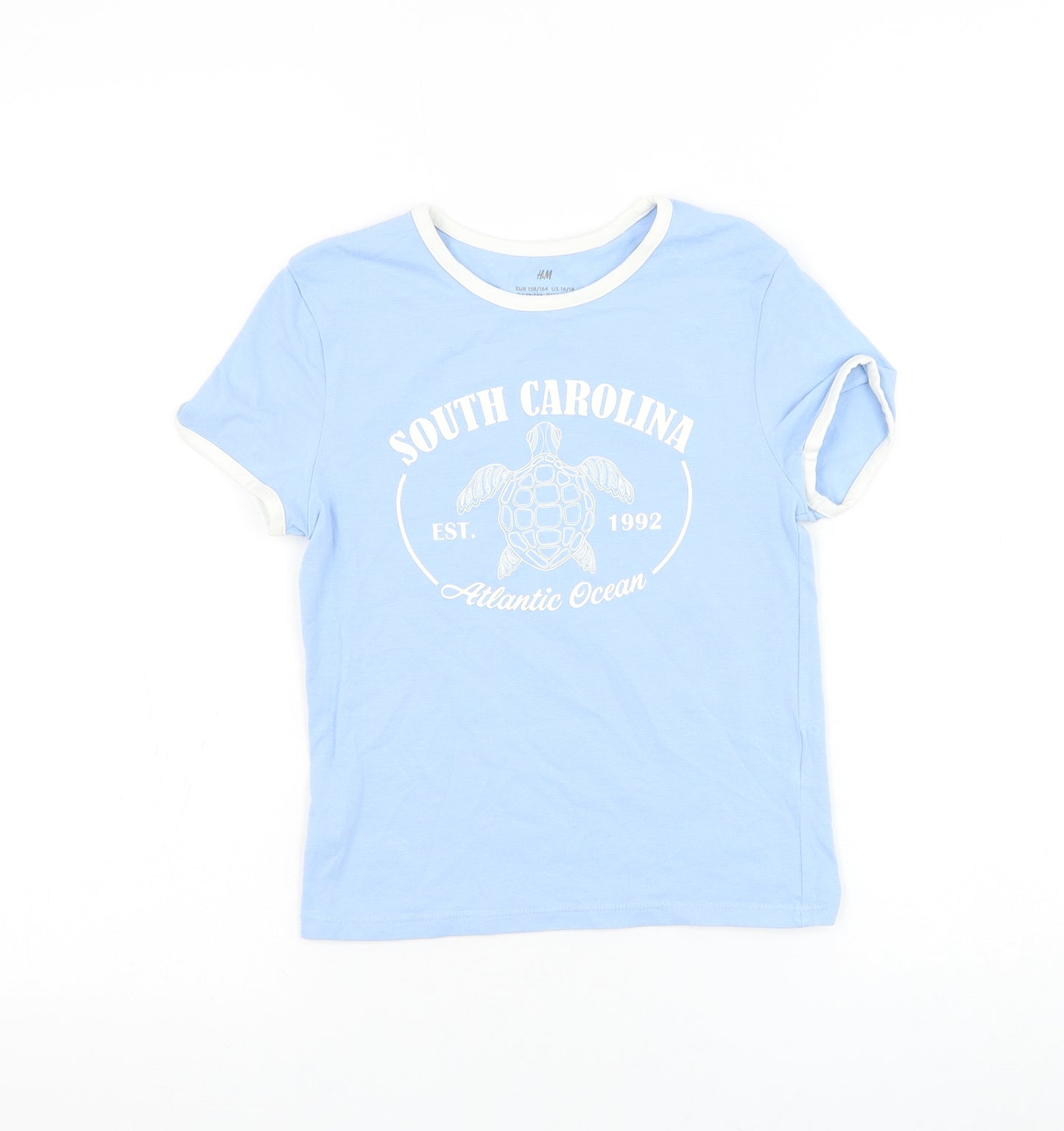 H&M Girls Blue Polyester Basic T-Shirt Size 12-13 Years Round Neck Pullover - South Carolina