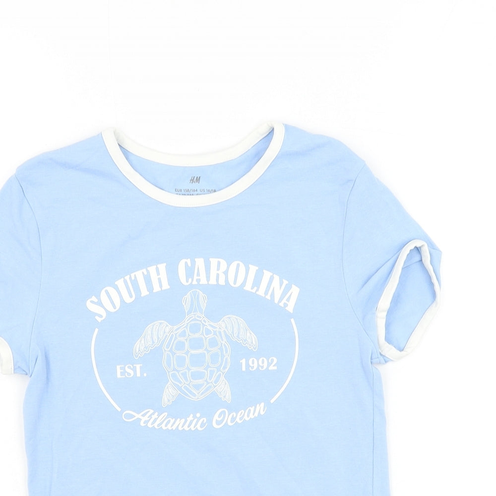 H&M Girls Blue Polyester Basic T-Shirt Size 12-13 Years Round Neck Pullover - South Carolina