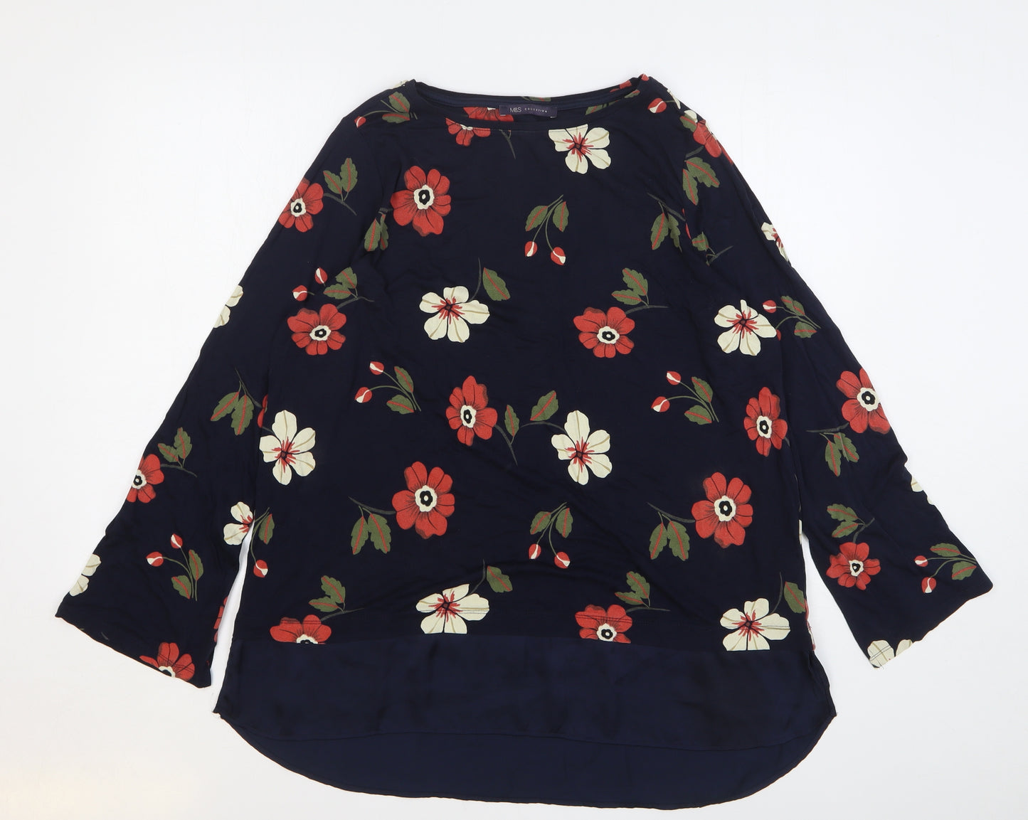 Marks and Spencer Womens Blue Floral Viscose Basic Blouse Size 18 Round Neck