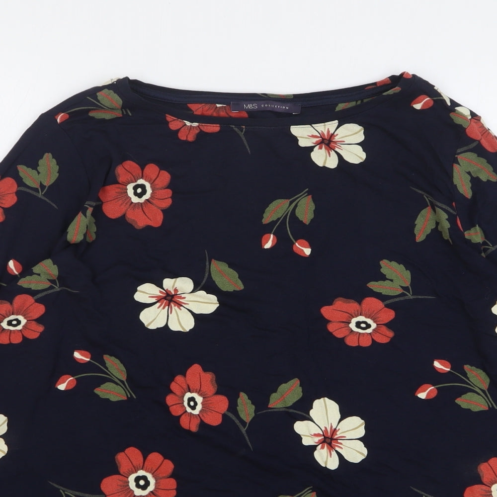 Marks and Spencer Womens Blue Floral Viscose Basic Blouse Size 18 Round Neck