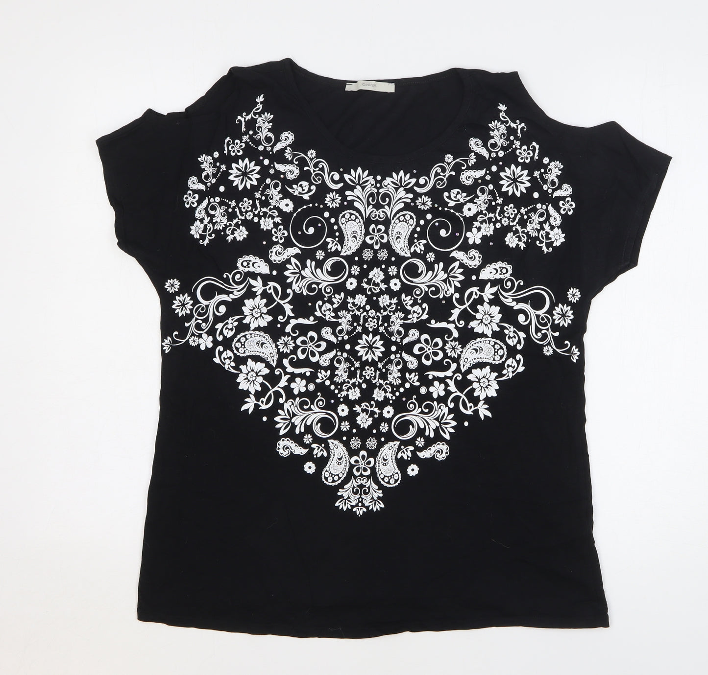 George Womens Black Paisley Cotton Basic T-Shirt Size 14 Round Neck - Cold Shoulder