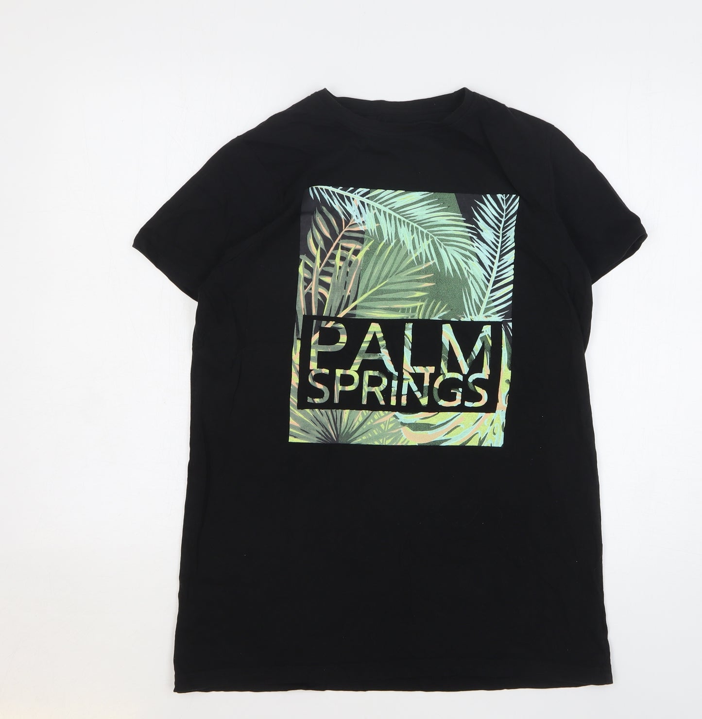 Primark Boys Black Floral Cotton Basic T-Shirt Size 14-15 Years Round Neck Pullover - Palm Springs