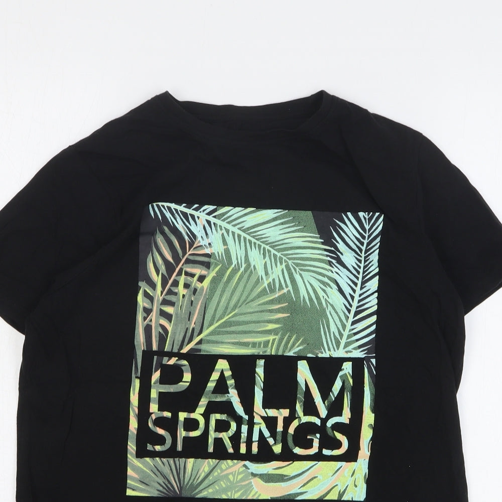 Primark Boys Black Floral Cotton Basic T-Shirt Size 14-15 Years Round Neck Pullover - Palm Springs