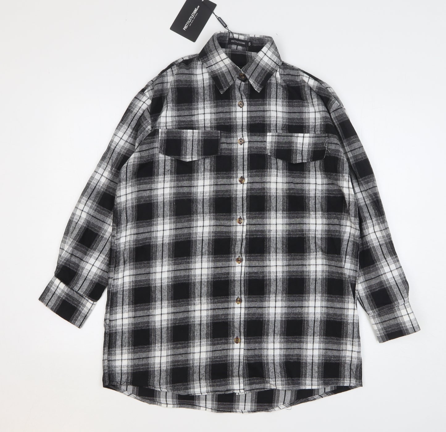 PRETTYLITTLETHING Womens Grey Plaid Cotton Basic Button-Up Size S Collared