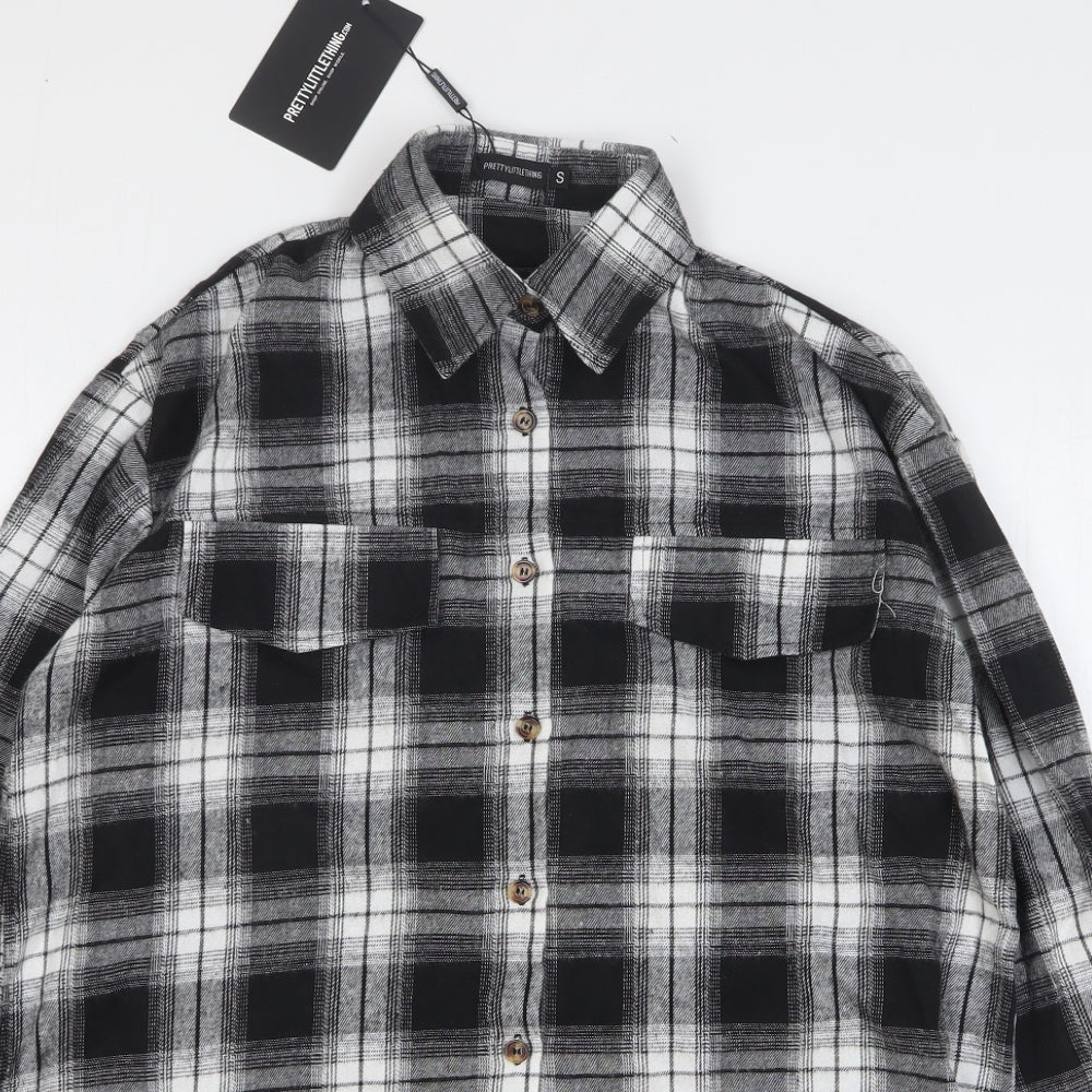 PRETTYLITTLETHING Womens Grey Plaid Cotton Basic Button-Up Size S Collared