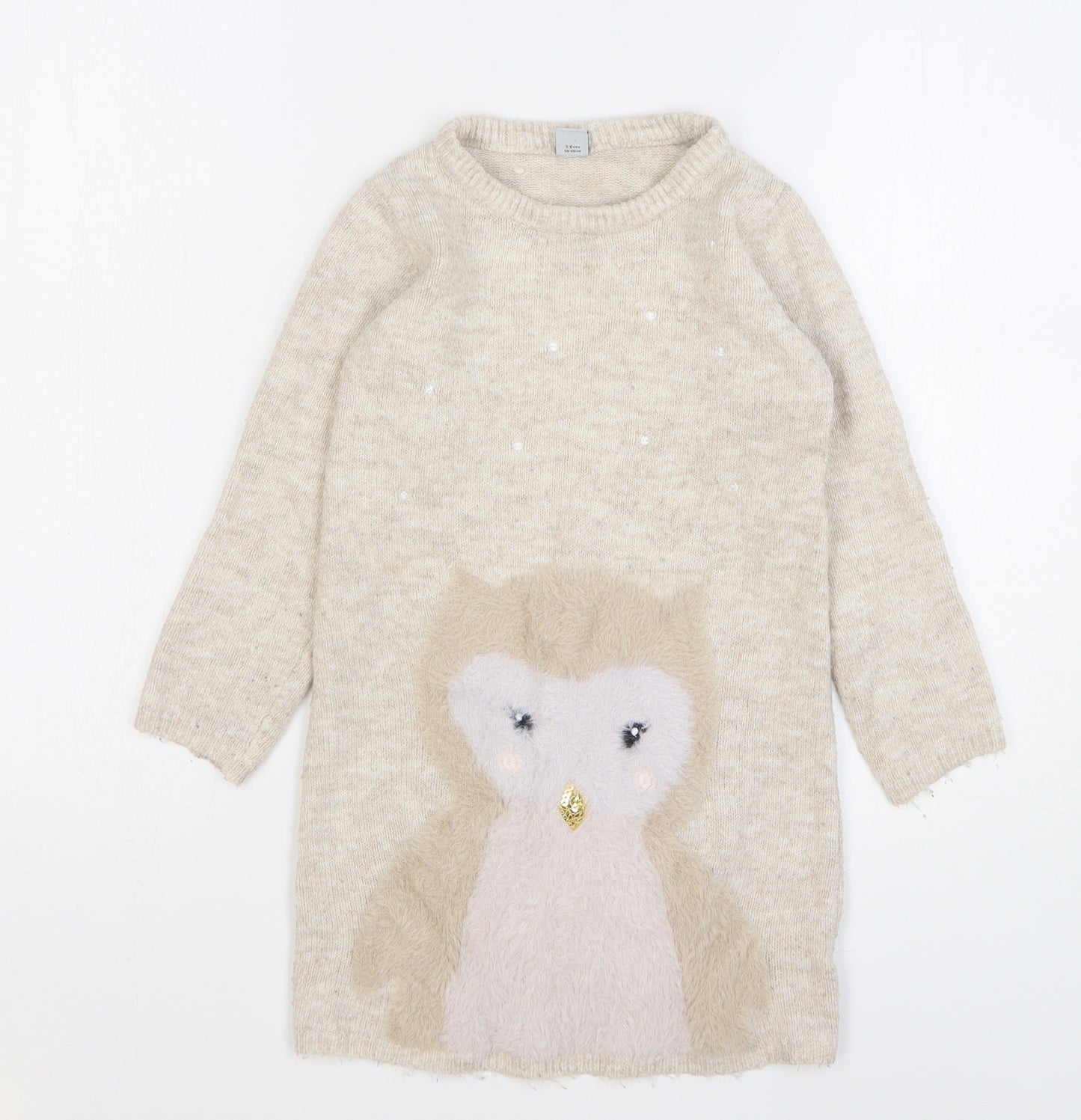 TU Girls Beige Acrylic Jumper Dress Size 5-6 Years Round Neck - Owl