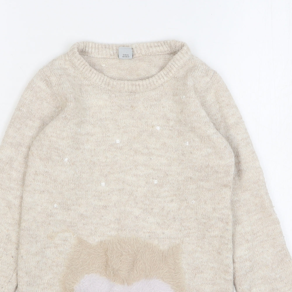 TU Girls Beige Acrylic Jumper Dress Size 5-6 Years Round Neck - Owl